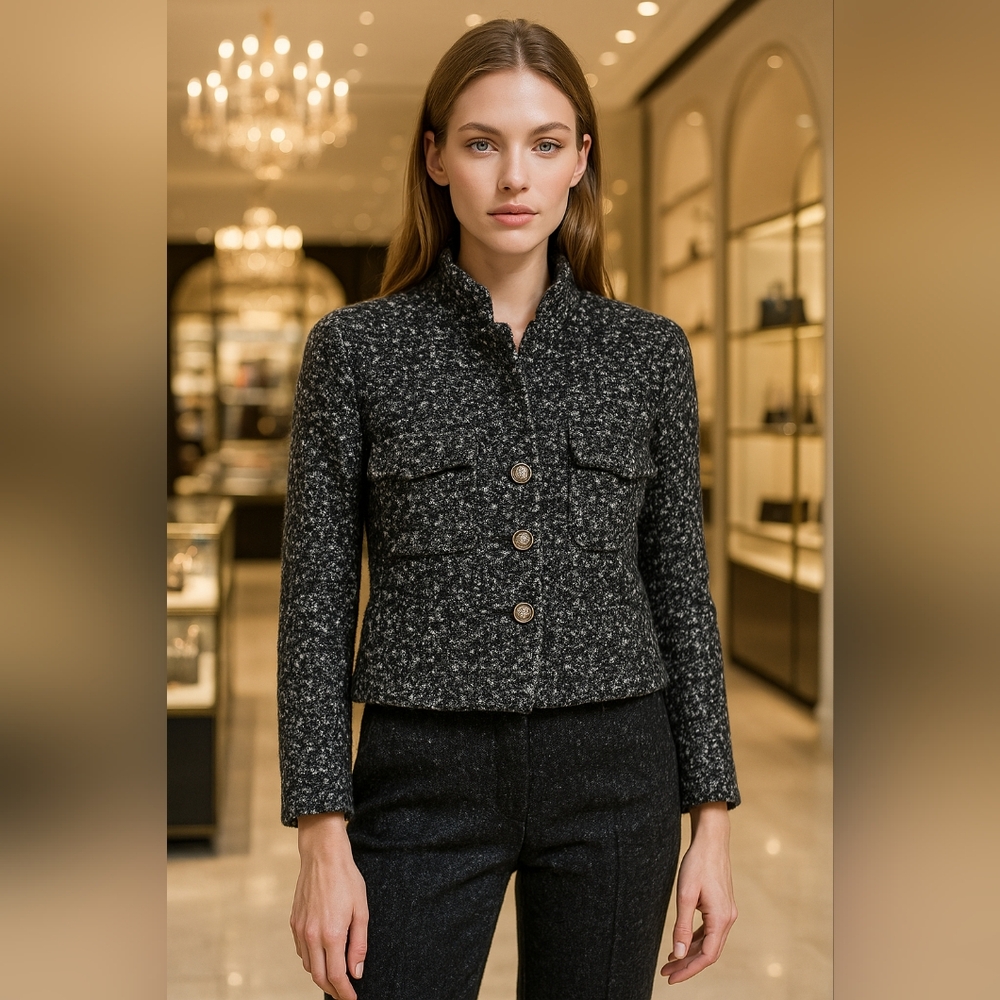 Chanel Paris Vintage Tweed Jacket Black & White, Luxury Designer Blazer, Size 42